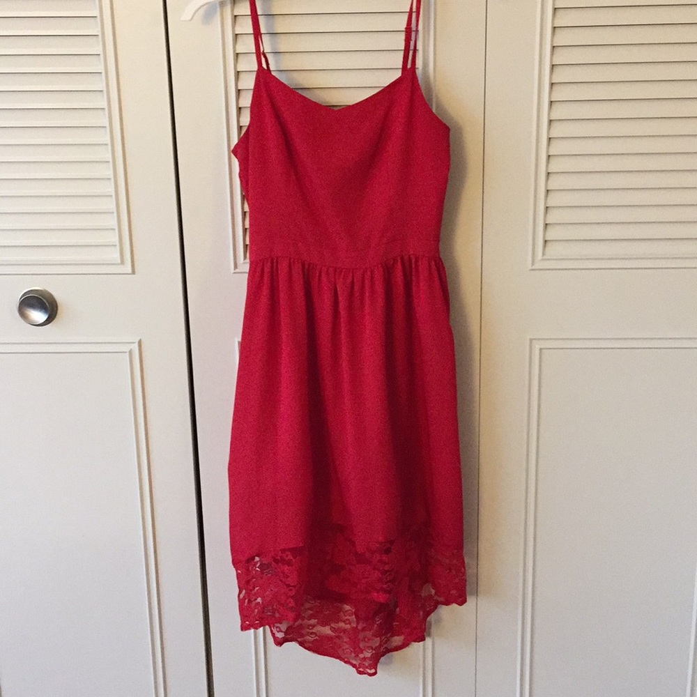 High Low Midi red dress with lace on the bottom